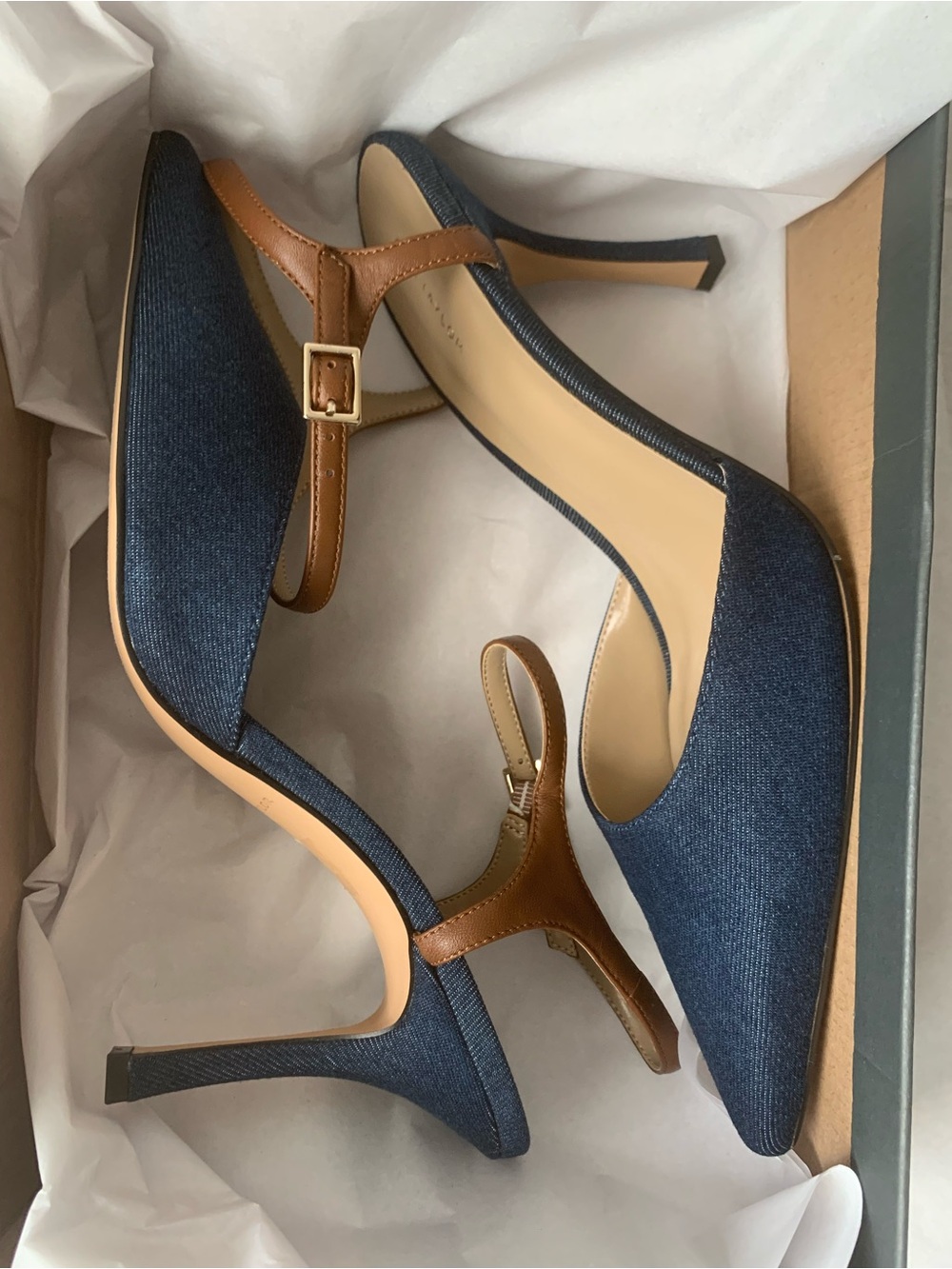 Ann Taylor Navy Denim Pointed-Toe Mary Jane Heels with Brown Trim